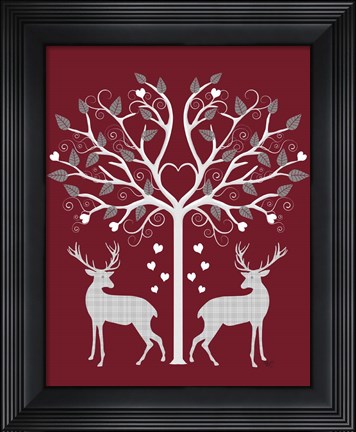 Framed Christmas Des - Deer and Heart Tree, Grey on Red Print