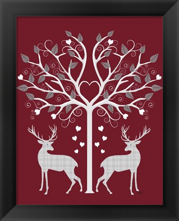 Framed Christmas Des - Deer and Heart Tree, Grey on Red Print