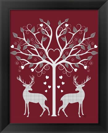 Framed Christmas Des - Deer and Heart Tree, Grey on Red Print