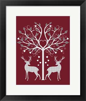 Framed Christmas Des - Deer and Heart Tree, Grey on Red Print