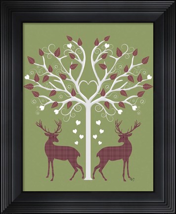 Framed Christmas Des - Deer and Heart Tree, Pink On Green Print