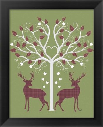 Framed Christmas Des - Deer and Heart Tree, Pink On Green Print