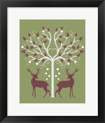 Framed Christmas Des - Deer and Heart Tree, Pink On Green Print