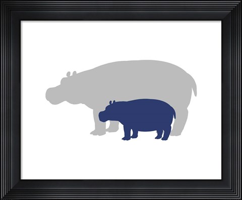 Framed Silhouette Hippo and Calf Navy Print