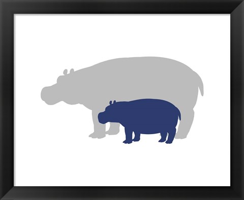 Framed Silhouette Hippo and Calf Navy Print