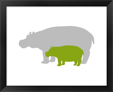 Framed Silhouette Hippo and Calf Green Print