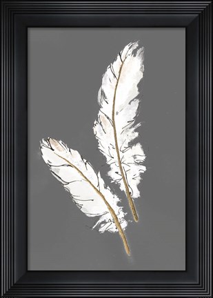 Framed Gold Feathers I on Grey Print