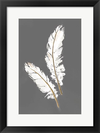 Framed Gold Feathers I on Grey Print