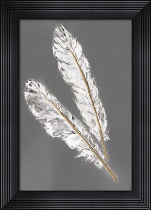 Framed Gold Feathers III on Grey Print