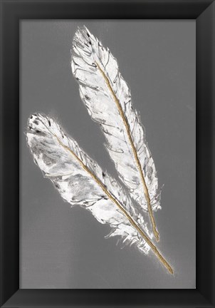 Framed Gold Feathers III on Grey Print