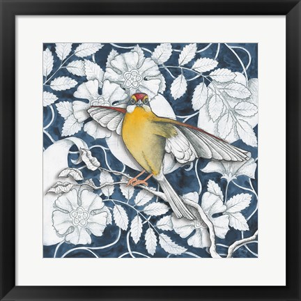 Framed Arts and Crafts Bird IV Indigo Print