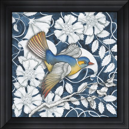 Framed Arts and Crafts Bird Indigo III Print