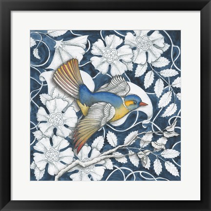 Framed Arts and Crafts Bird Indigo III Print