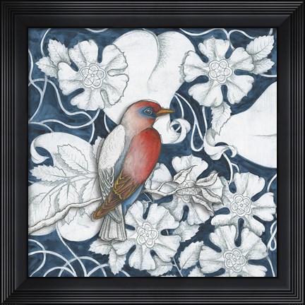 Framed Arts and Crafts Bird Indigo I Print