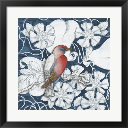 Framed Arts and Crafts Bird Indigo I Print