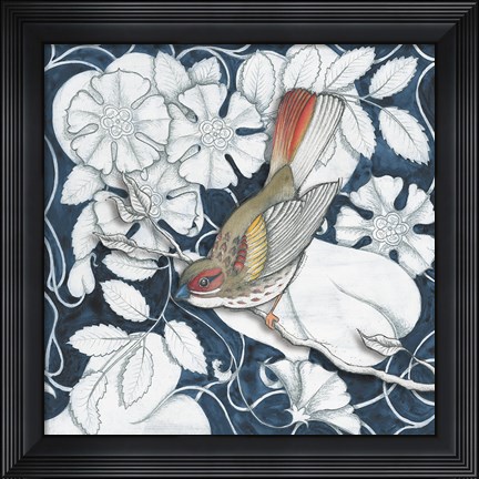 Framed Arts and Crafts Bird Indigo II Print