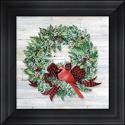 Framed Holiday Wreath I on Wood Print