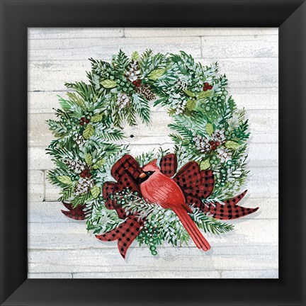 Framed Holiday Wreath I on Wood Print