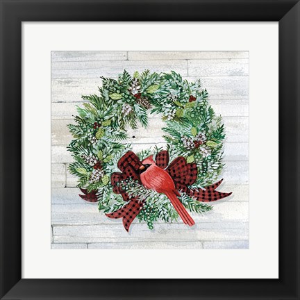 Framed Holiday Wreath I on Wood Print