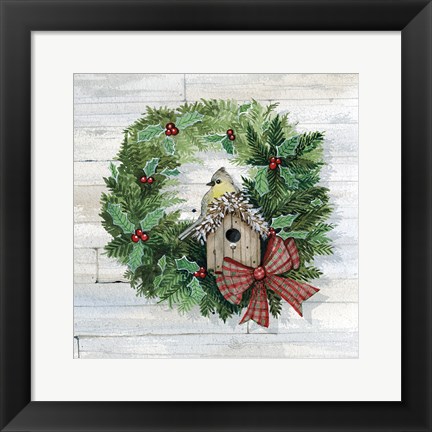 Framed Holiday Wreath III on Wood Print