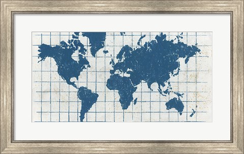 Framed Indigo Gild World Map I Print