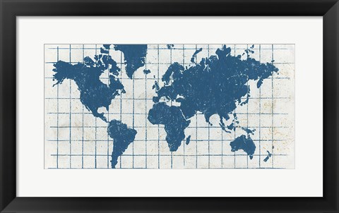 Framed Indigo Gild World Map I Print