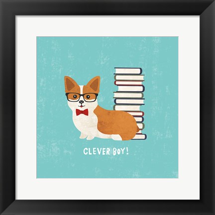 Framed Good Dogs Corgi Teal Print