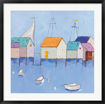 Framed Boat House Row Dark Blue Sky Print