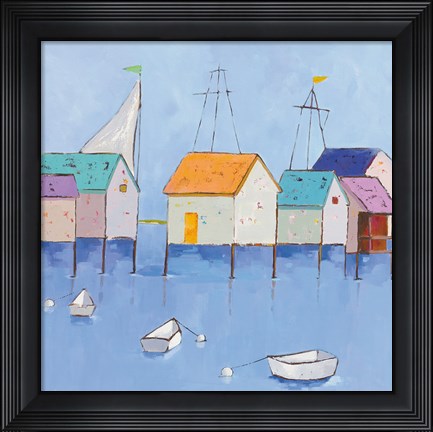 Framed Boat House Row Dark Blue Sky Print