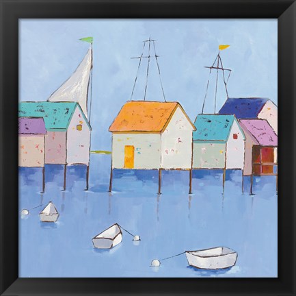 Framed Boat House Row Dark Blue Sky Print