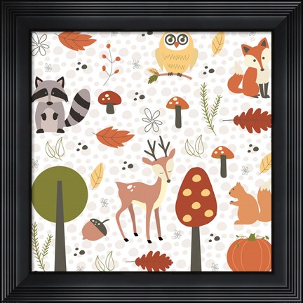 Framed Fall Tree &amp; Animal Pattern Print