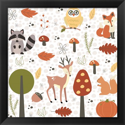 Framed Fall Tree &amp; Animal Pattern Print