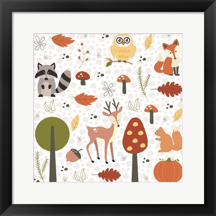 Framed Fall Tree &amp; Animal Pattern Print