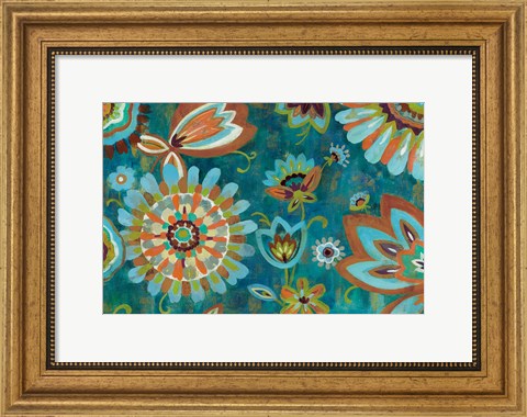 Framed Decorative Peacock Floral Mustard and Eggplant Print