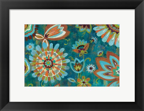 Framed Decorative Peacock Floral Mustard and Eggplant Print