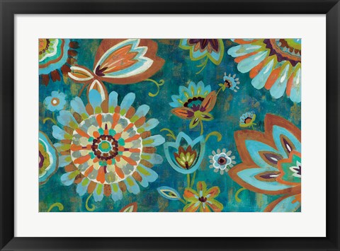 Framed Decorative Peacock Floral Mustard and Eggplant Print