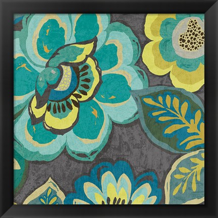 Framed Floral Assortment Teal on Dark Grey Crop I Print