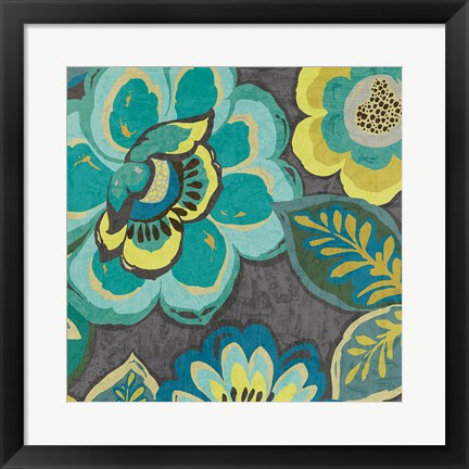 Framed Floral Assortment Teal on Dark Grey Crop I Print