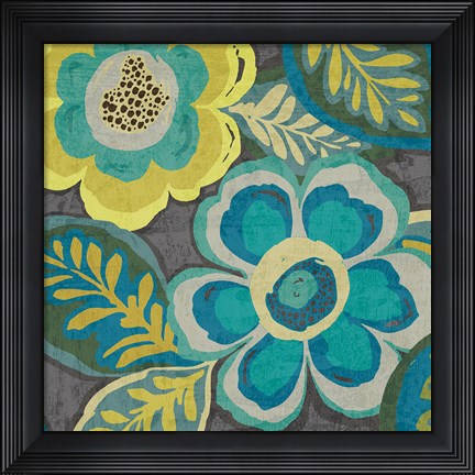 Framed Floral Assortment Teal on Dark Grey Crop III Print