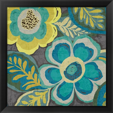 Framed Floral Assortment Teal on Dark Grey Crop III Print