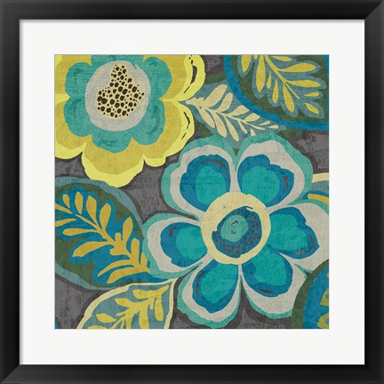 Framed Floral Assortment Teal on Dark Grey Crop III Print