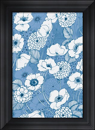 Framed Pen and Ink Flowers on Blue Print