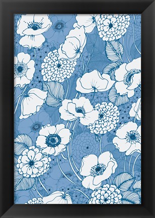 Framed Pen and Ink Flowers on Blue Print