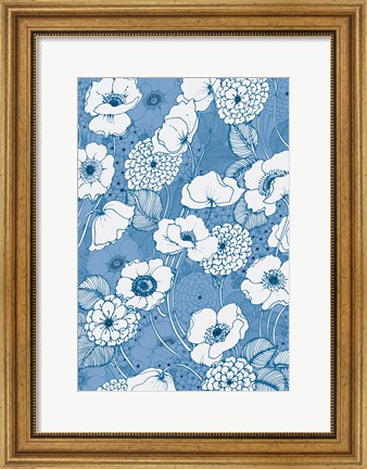 Framed Pen and Ink Flowers on Blue Print