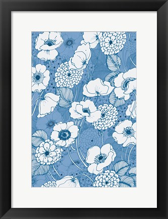 Framed Pen and Ink Flowers on Blue Print