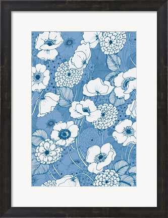 Framed Pen and Ink Flowers on Blue Print