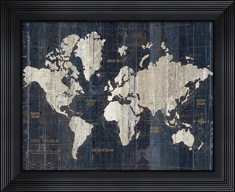 Framed Old World Map Blue v2 Print