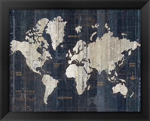 Framed Old World Map Blue v2 Print