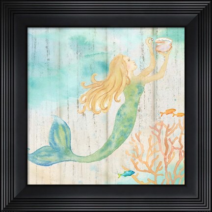 Framed Sea Splash Mermaid Woodgrain I Print