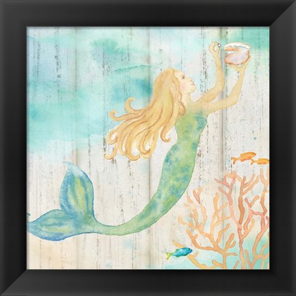 Framed Sea Splash Mermaid Woodgrain I Print